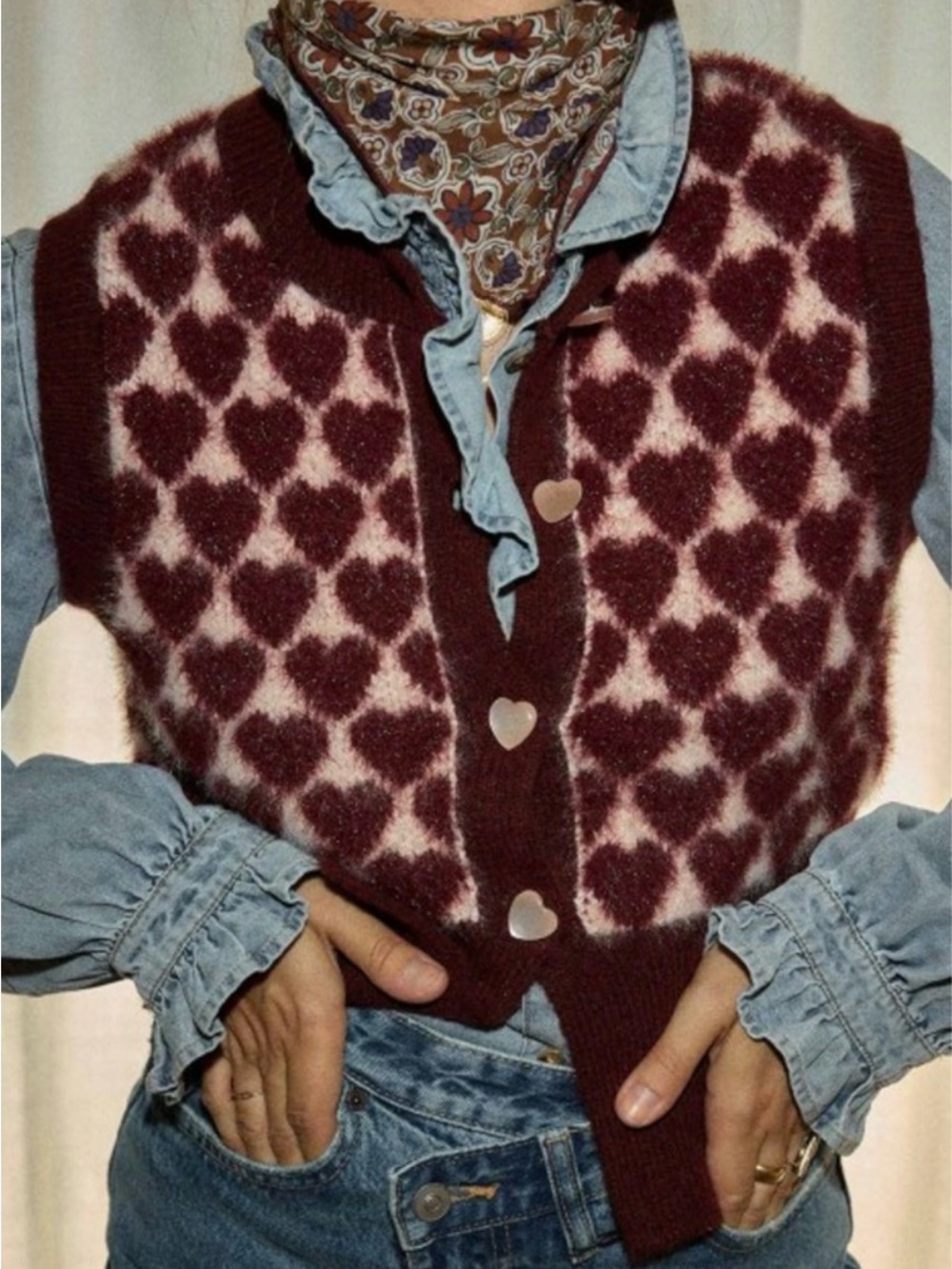 Zara Heart Jacquard Knit Vest with Heart Buttons - Size Medium